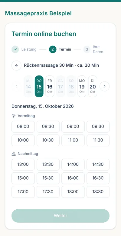 Buchungsseite einer Massagepraxis auf dem Handy, Schritt Termin: Tage zur Auswahl und freie Uhrzeiten von 08:00 bis 18:30.