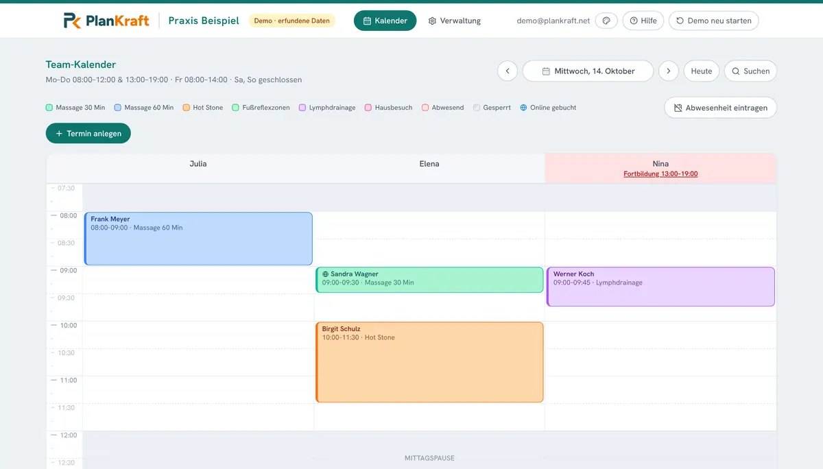 Kalender einer Massagepraxis mit drei Therapeutinnen. Nina hat nachmittags Fortbildung, Massagen und eine Lymphdrainage sind eingetragen.